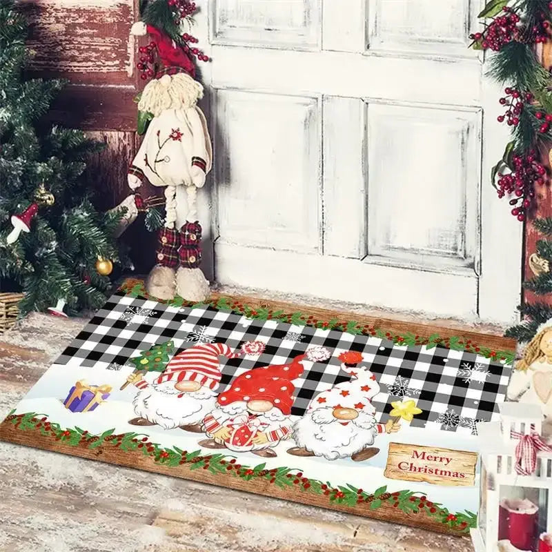 Festive red & white gnomes checkered floor mat kitchen decor