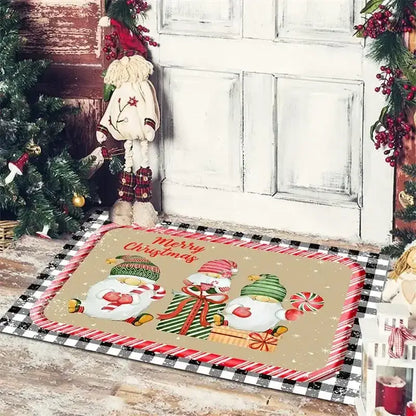 Festive red & white gnomes checkered floor mat kitchen decor