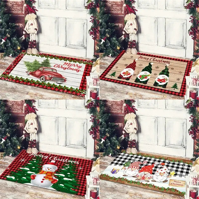 Festive red & white gnomes checkered floor mat kitchen decor