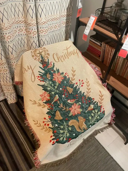 Beige woven squirrel christmas throw blanket living room decor