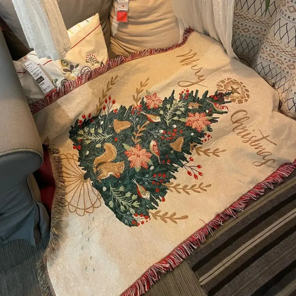 Beige woven squirrel christmas throw blanket living room decor