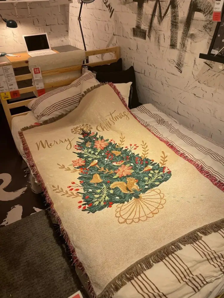 Beige woven squirrel christmas throw blanket living room decor