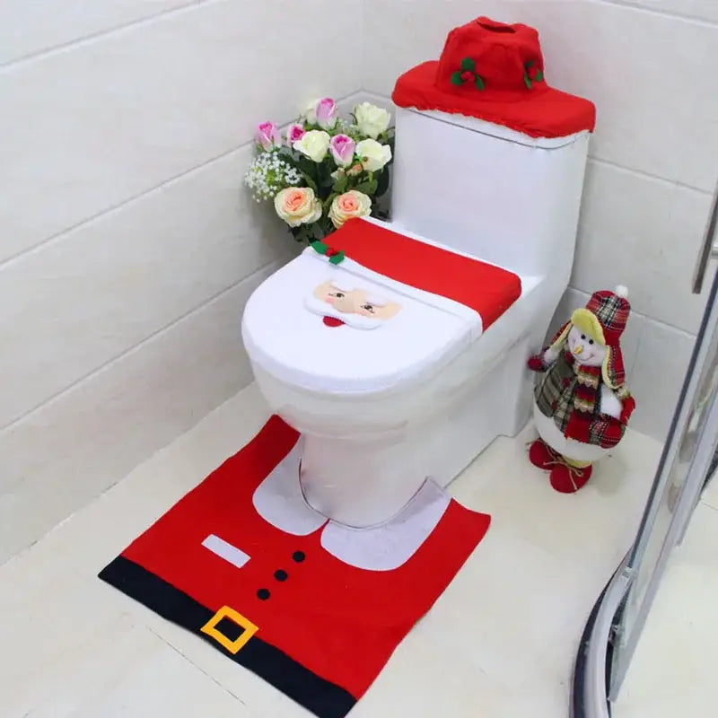 Red santa claus christmas toilet decoration set bathroom plush fabric