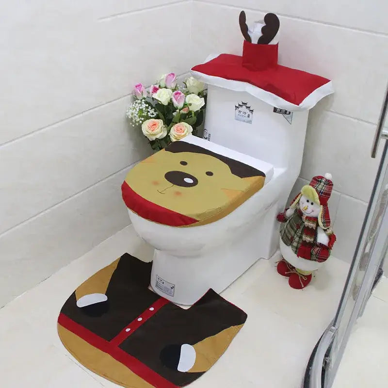 Red santa claus christmas toilet decoration set bathroom plush fabric