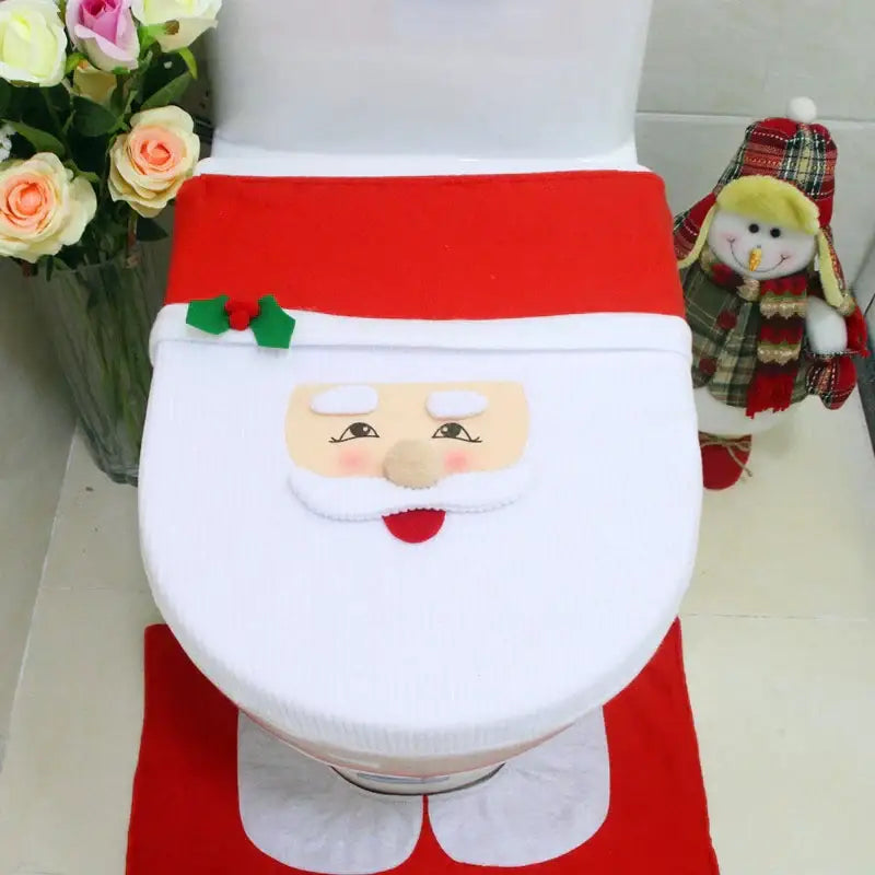 Red santa claus christmas toilet decoration set bathroom plush fabric