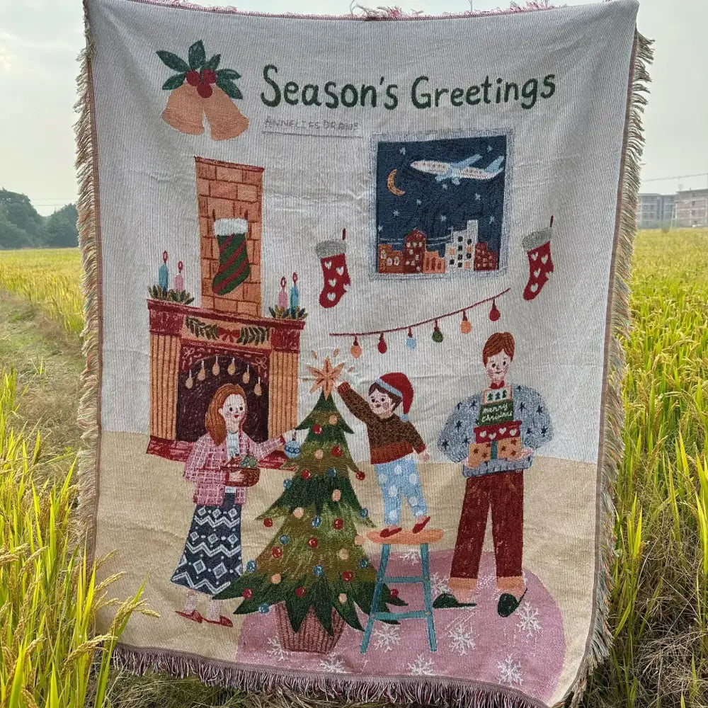 Woven cream christmas tree blanket throw – living room festive decor