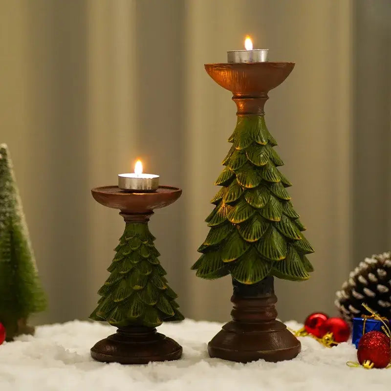 Festive green & brown resin tree candle holder dining room decor