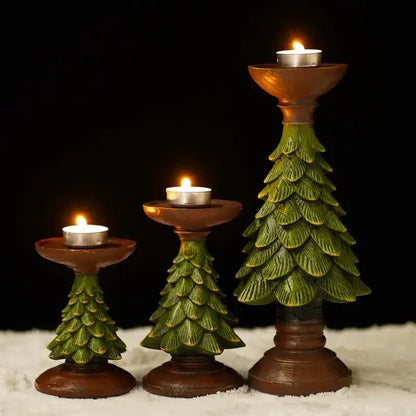 Festive green & brown resin tree candle holder dining room decor