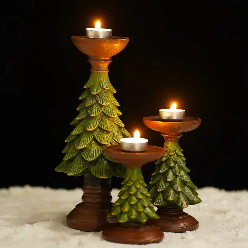 Festive green & brown resin tree candle holder dining room decor