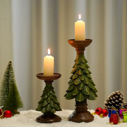Festive green & brown resin tree candle holder dining room decor