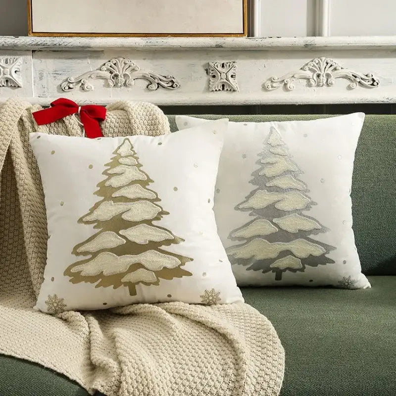 Embroidered gold & silver christmas tree cushion cover living room