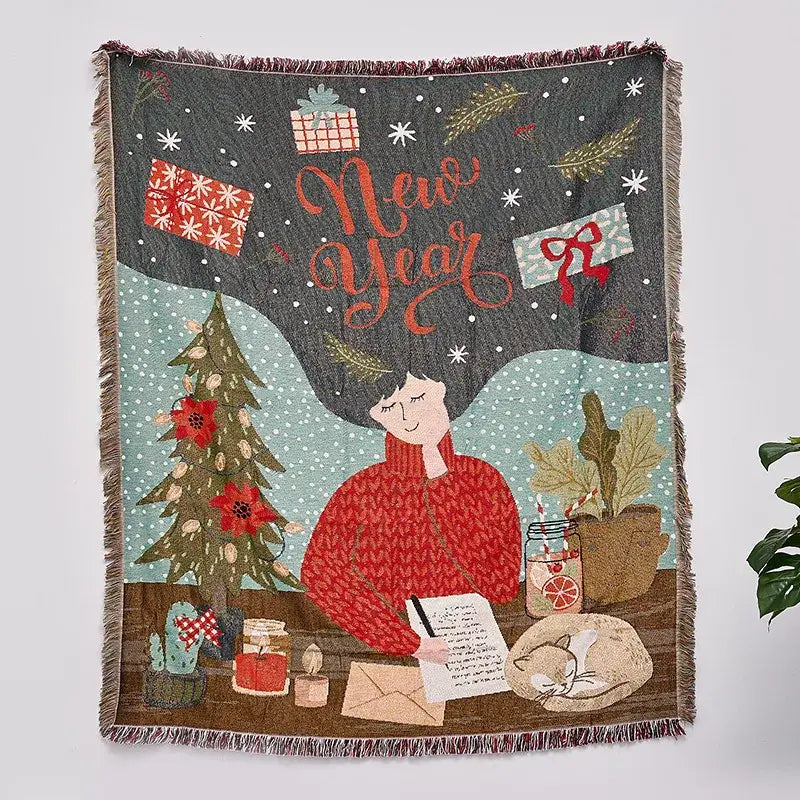 Festive christmas tree dark teal knitted throw blanket living room