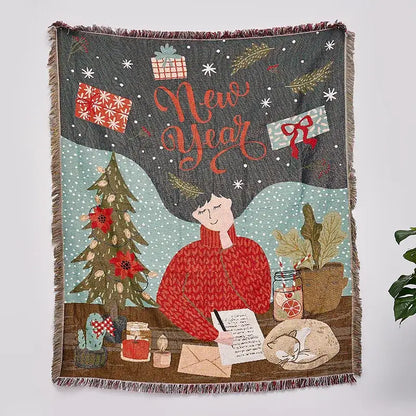 Festive christmas tree dark teal knitted throw blanket living room