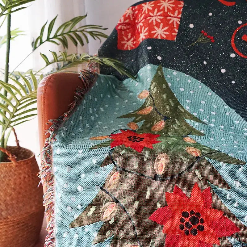 Festive christmas tree dark teal knitted throw blanket living room
