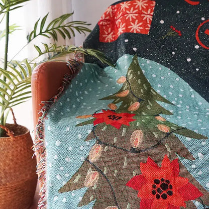Festive christmas tree dark teal knitted throw blanket living room