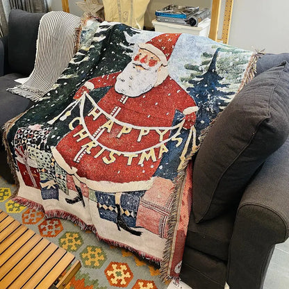 Festive christmas tree dark teal knitted throw blanket living room