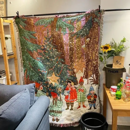 Festive christmas tree dark teal knitted throw blanket living room