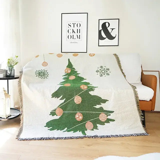 Festive christmas tree dark teal knitted throw blanket living room