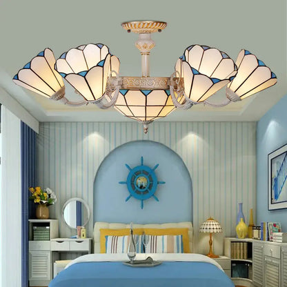 Tiffany cream & blue multi light chandelier dining room glass light