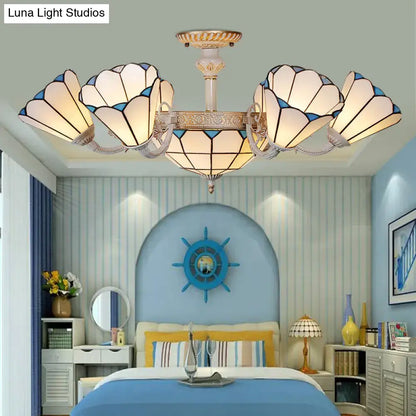 Tiffany cream & blue multi light chandelier dining room glass light