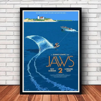 Classic black framed jaws movie poster canvas wall art living room