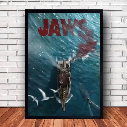 Classic black framed jaws movie poster canvas wall art living room