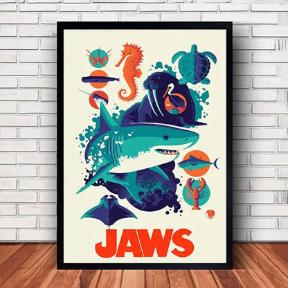 Classic black framed jaws movie poster canvas wall art living room