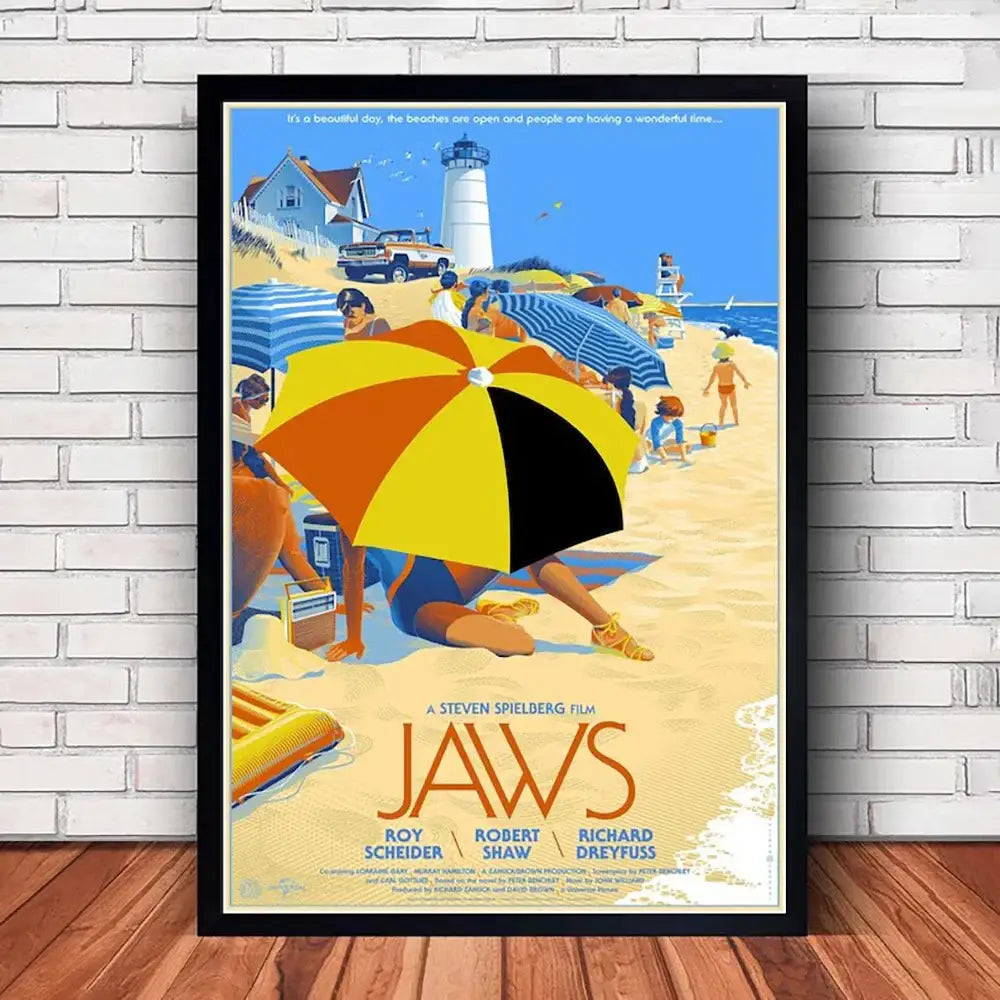 Classic black framed jaws movie poster canvas wall art living room