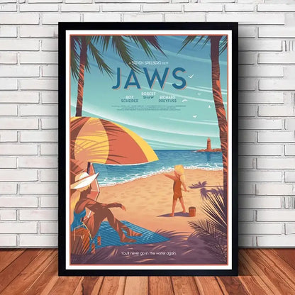 Classic black framed jaws movie poster canvas wall art living room