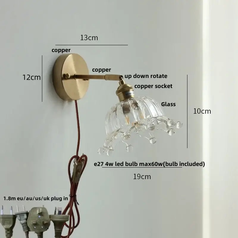 clear flower glass wall lamp bedroom brass pull chain