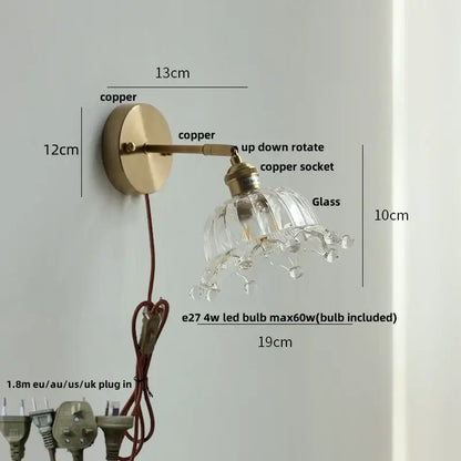clear flower glass wall lamp bedroom brass pull chain