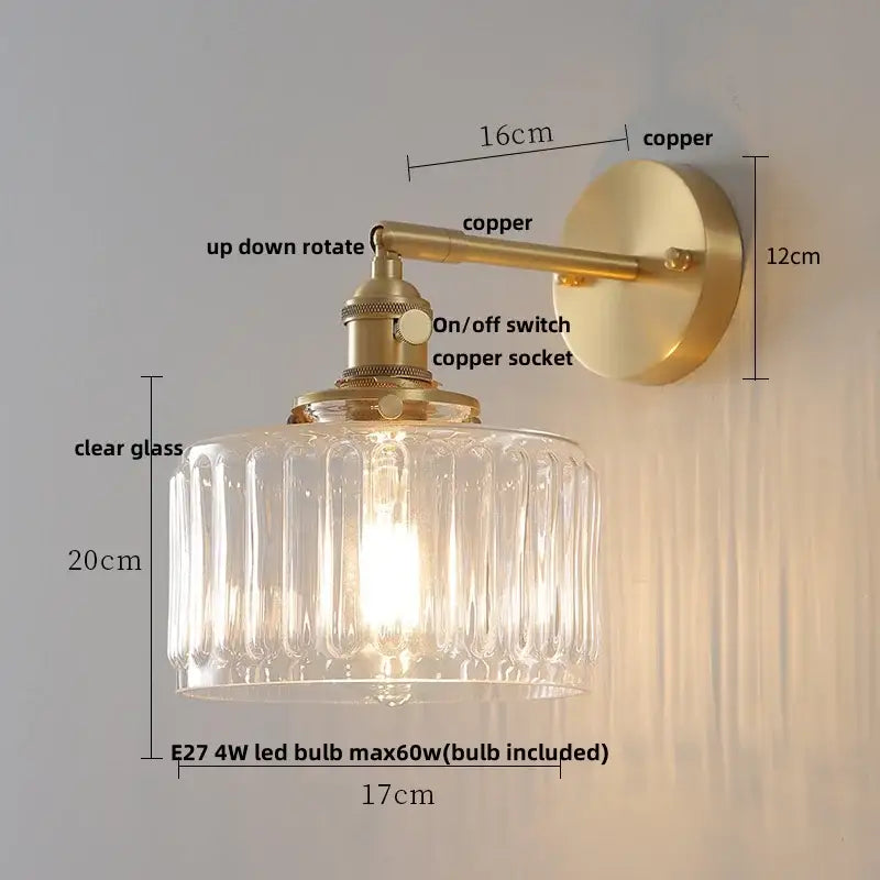 clear flower glass wall lamp bedroom brass pull chain