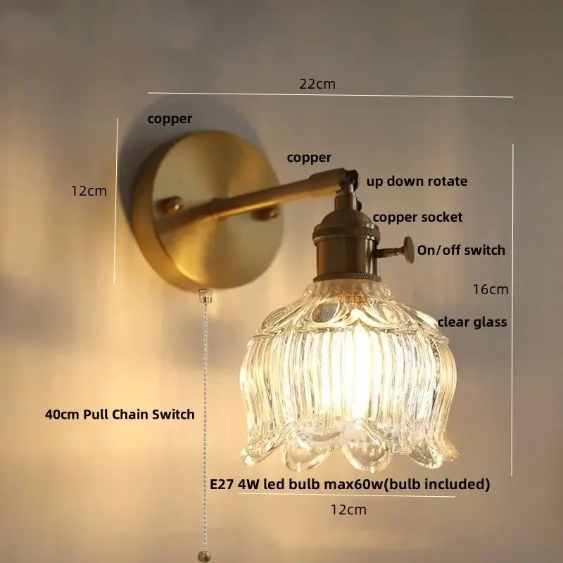 clear flower glass wall lamp bedroom brass pull chain