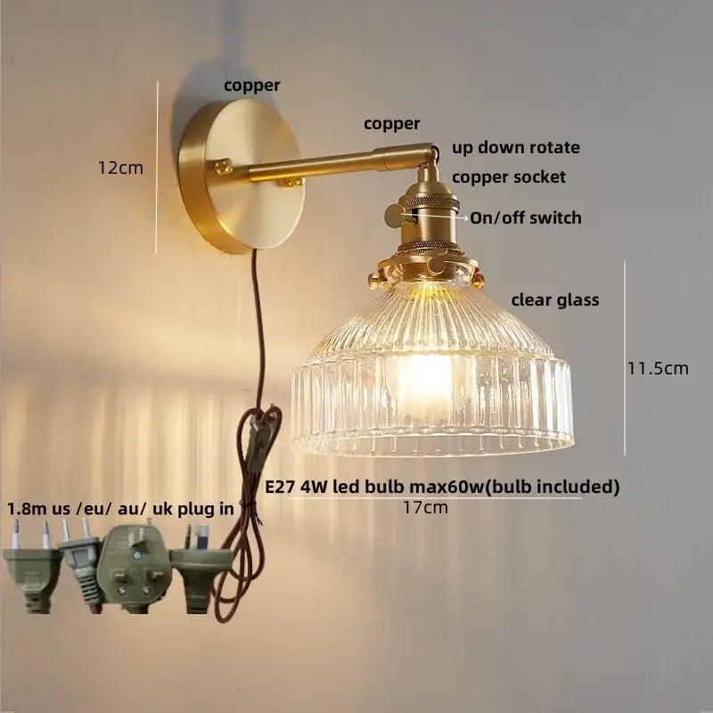 clear flower glass wall lamp bedroom brass pull chain