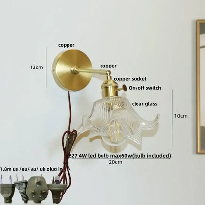 clear flower glass wall lamp bedroom brass pull chain
