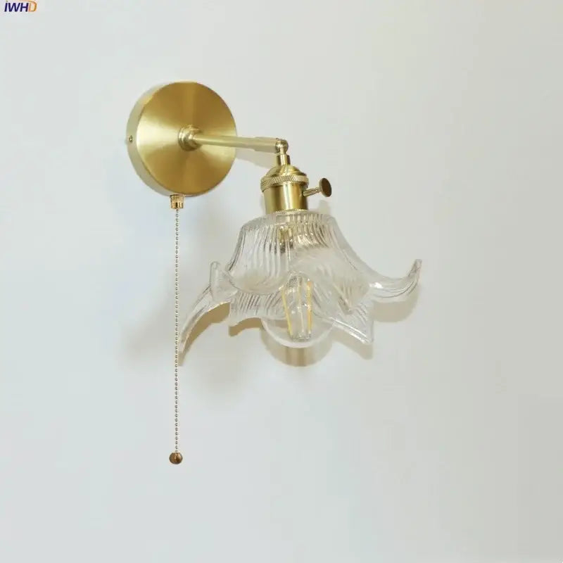 clear flower glass wall lamp bedroom brass pull chain