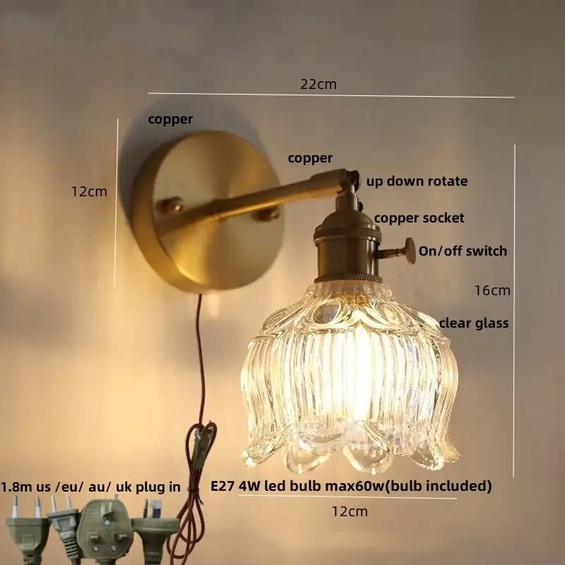 clear flower glass wall lamp bedroom brass pull chain