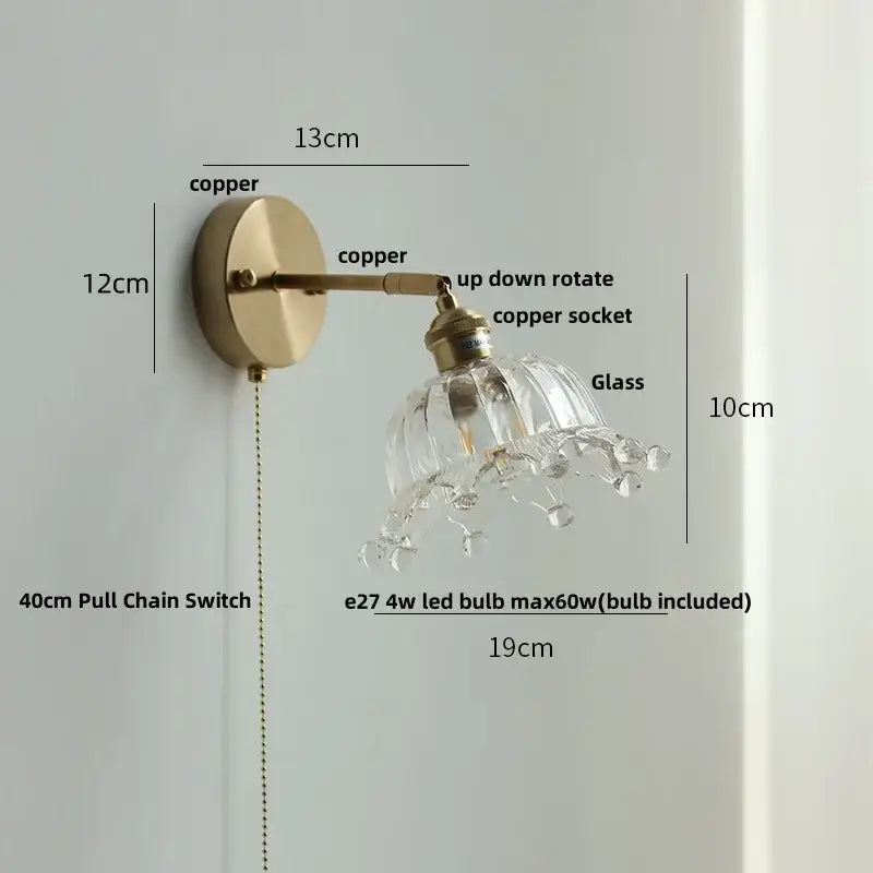 clear flower glass wall lamp bedroom brass pull chain