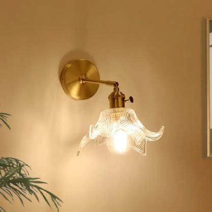 clear flower glass wall lamp bedroom brass pull chain