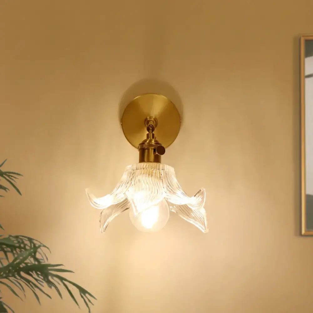 clear flower glass wall lamp bedroom brass pull chain