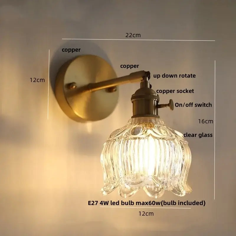 clear flower glass wall lamp bedroom brass pull chain