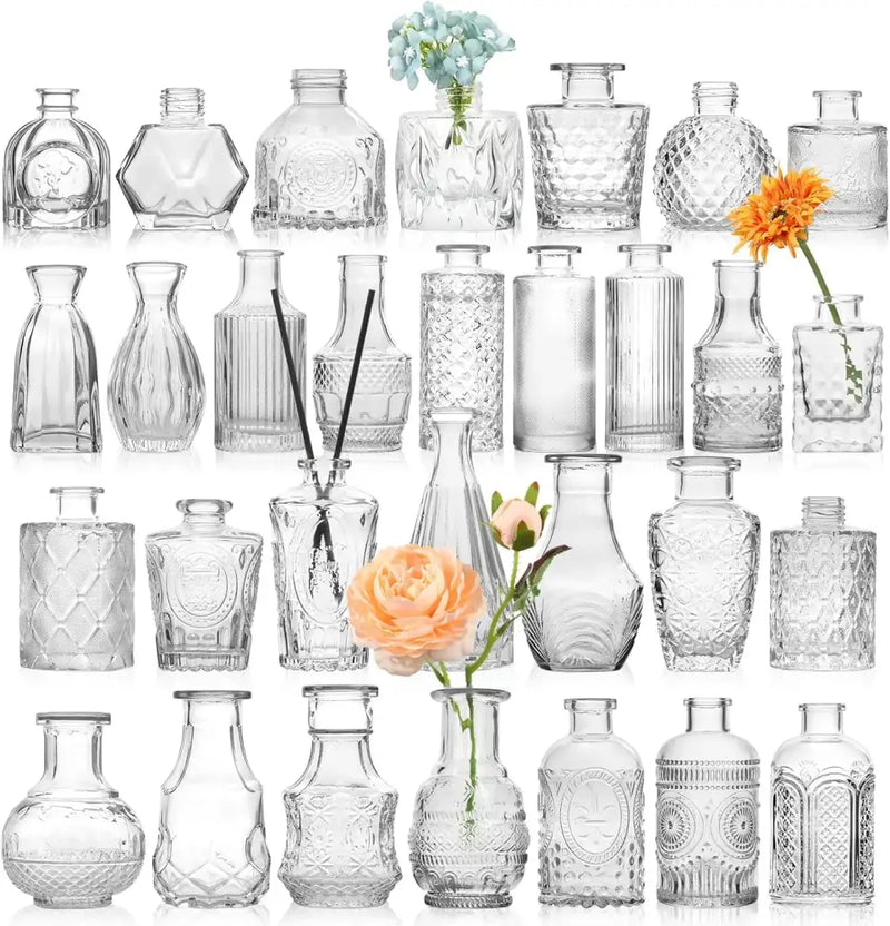 Etched clear glass bud vases set dining room floral decor