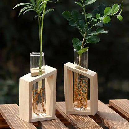 Minimalist wood and glass test tube vases living room plant decor