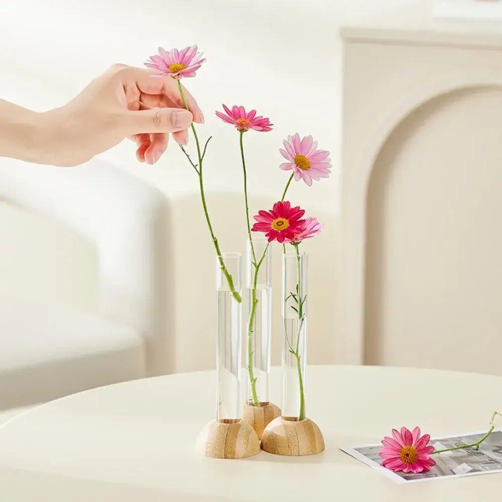 Minimalist wood and plastic test tube vase living room decor