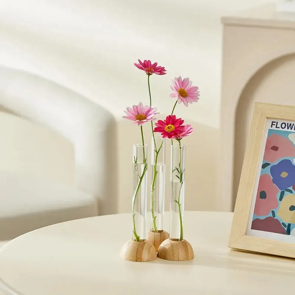 Minimalist wood and plastic test tube vase living room decor