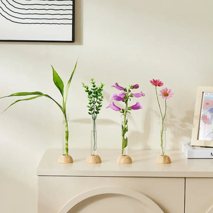 Minimalist clear glass hydroponic vase with bamboo base living room decor