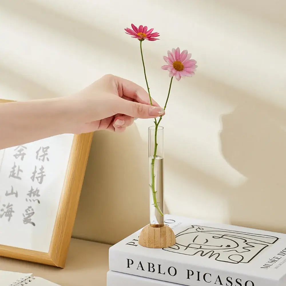 Minimalist clear glass hydroponic vase with bamboo base living room decor