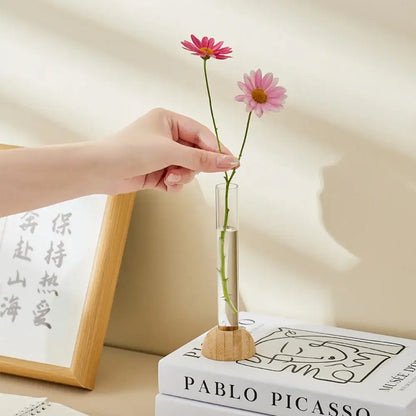 Minimalist clear glass hydroponic vase with bamboo base living room decor