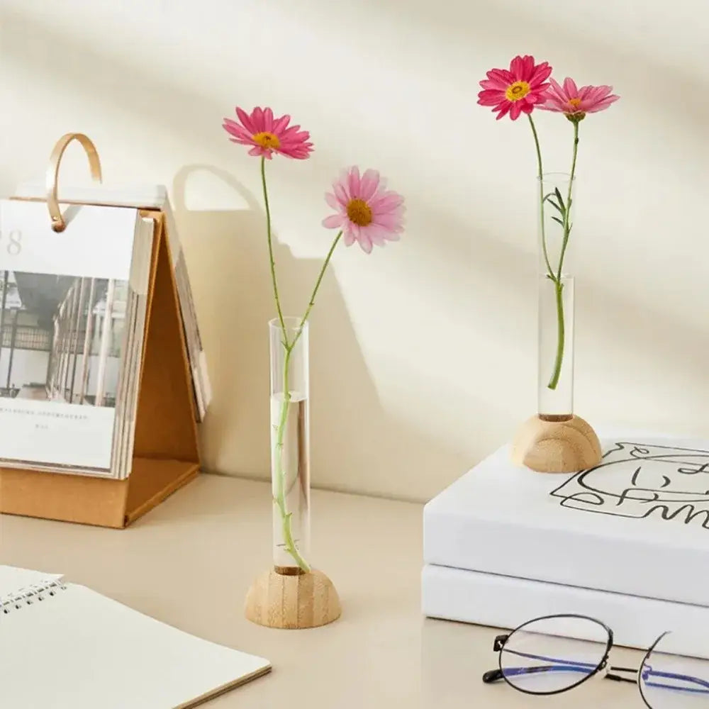 Minimalist clear glass hydroponic vase with bamboo base living room decor