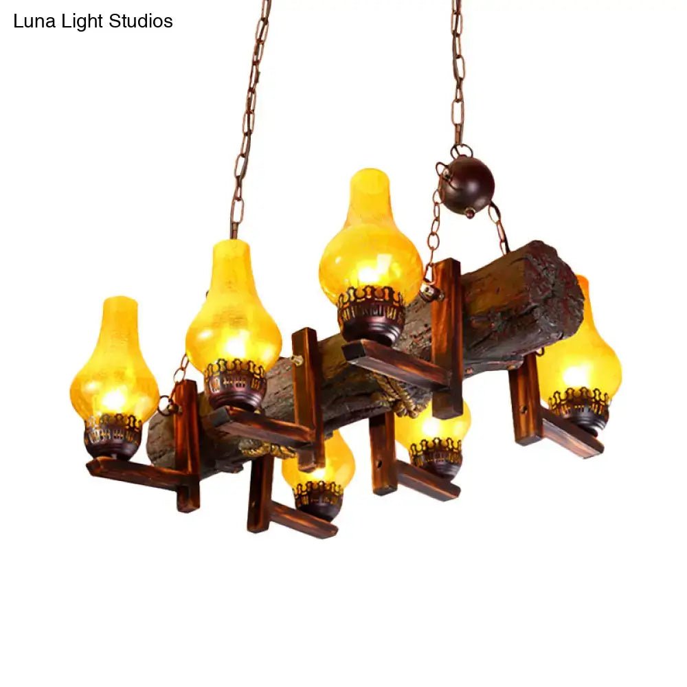 Rustic wooden log dining room chandelier with yellow crackle glass